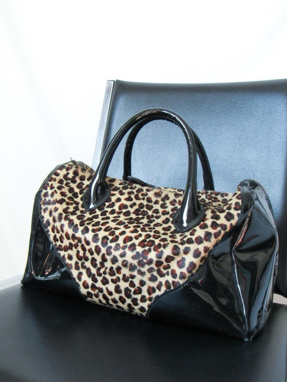 VINTAGE FURLA Designer Animal Print Patent Leather Purse. Genuine Leather/ Black